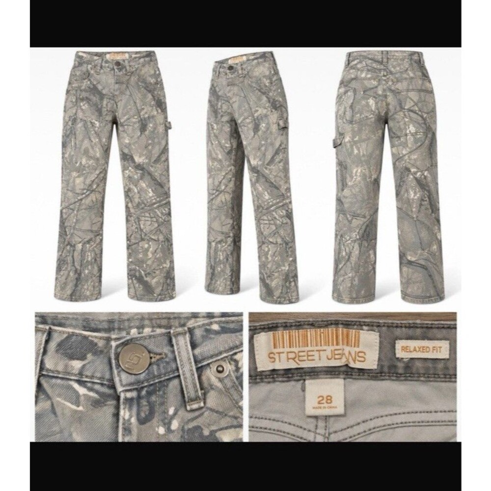 Street Jeans Relaxed Fit Women's Gray Camo Denim Pants Regular Size 28